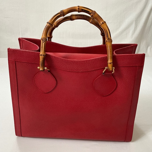 GUCCI Vintage Diana Leather Bamboo Handle Tote Red - Picture 1 of 16